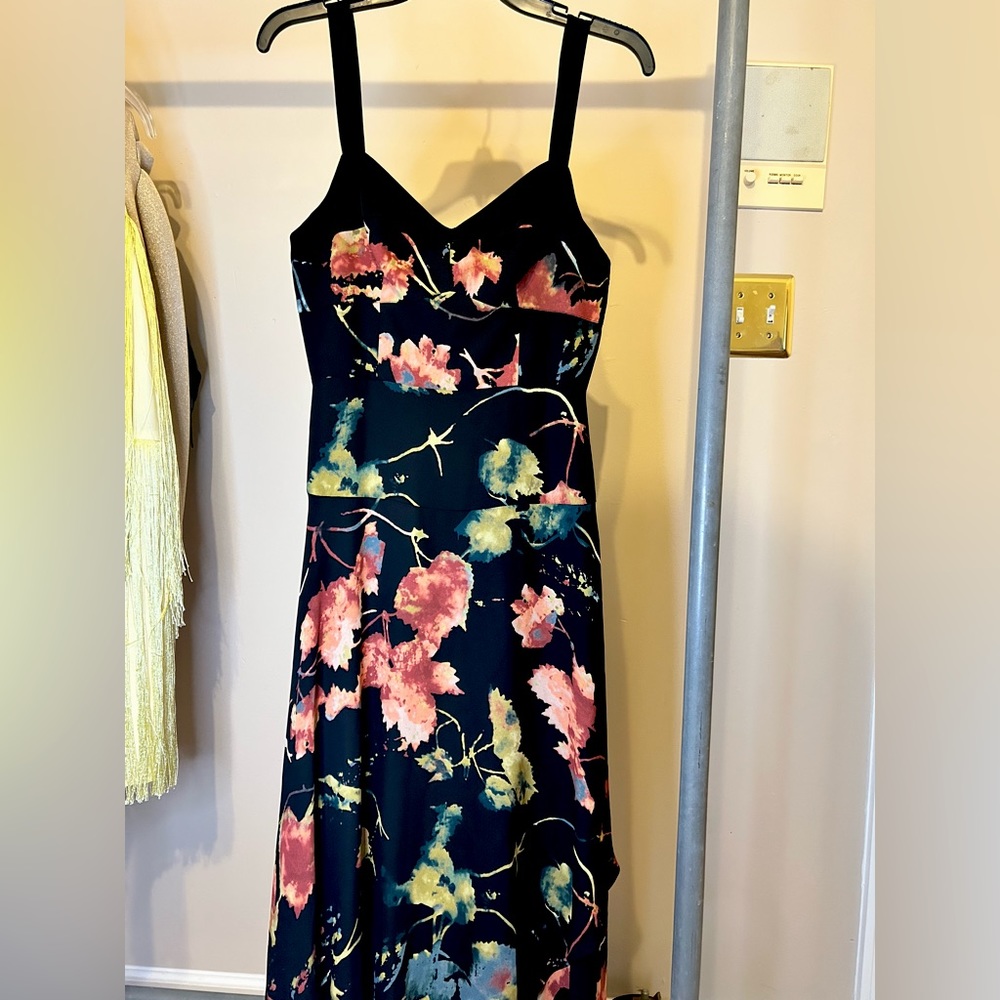 COPY - BCBG MAX AZRIA RUSTIC GROVE ASYMMETRICAL FLORAL BLACK MAXI DRESS sz XS